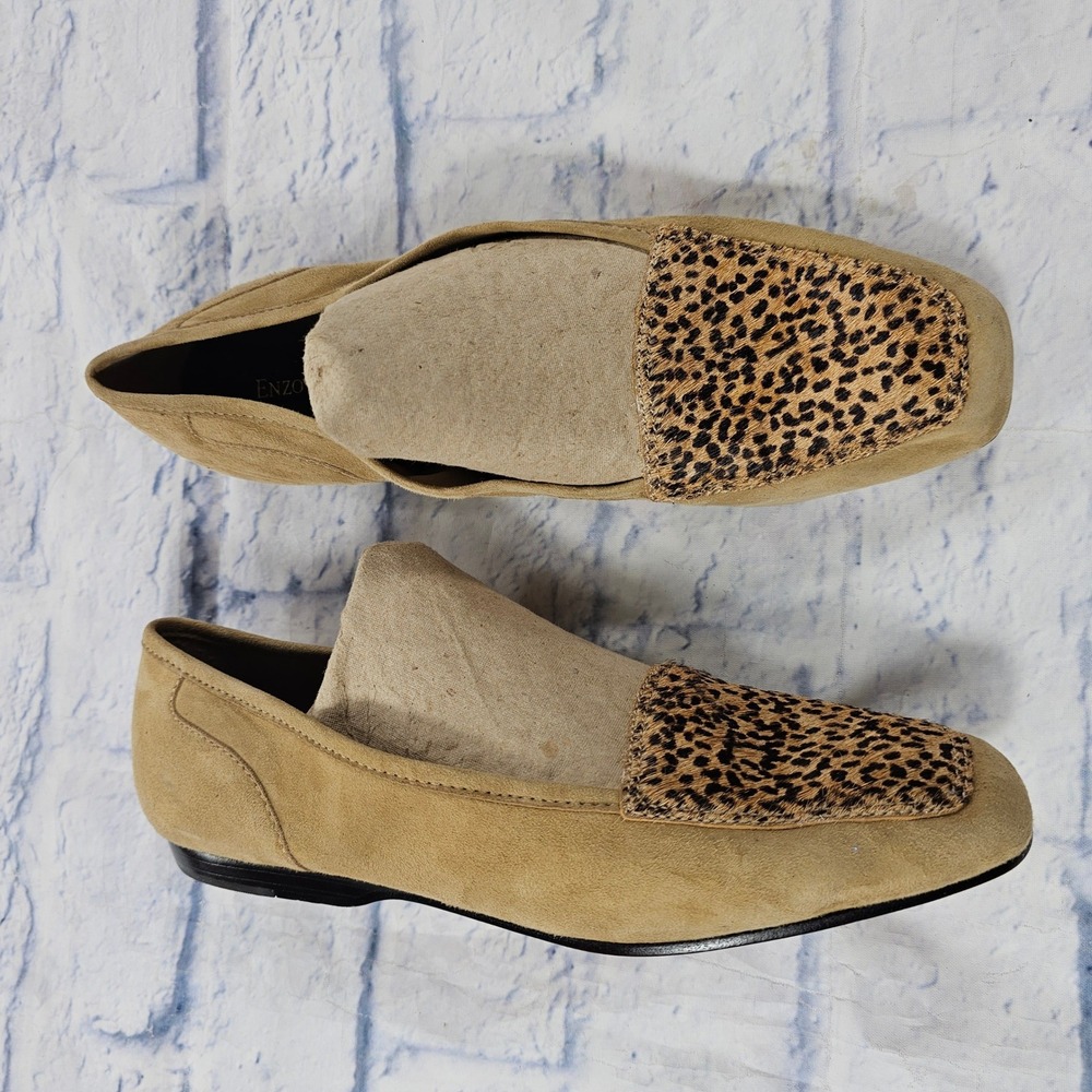 Enzo Angiolini Loafers Womens 8.5 Tan Suede Leopard Print Calf Hair Square Toe
